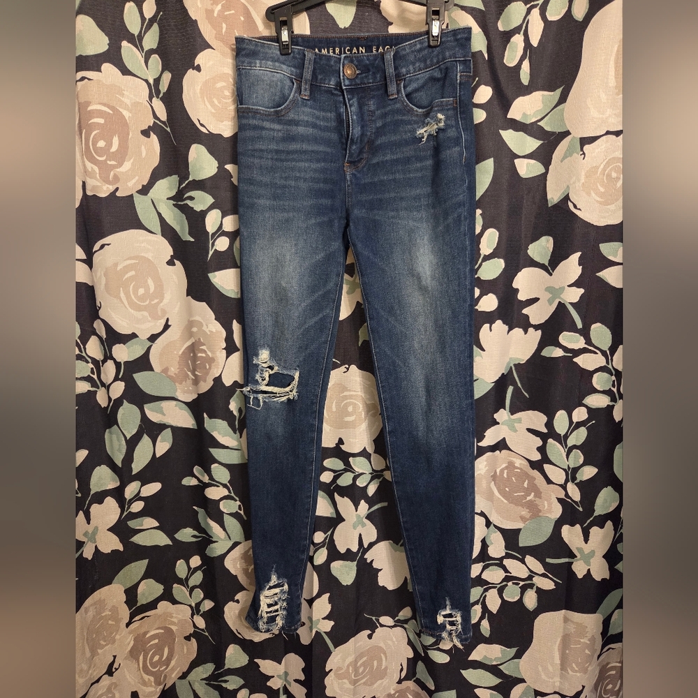American Eagle Outfitters Dark Blue Distressed Skinny Jeans